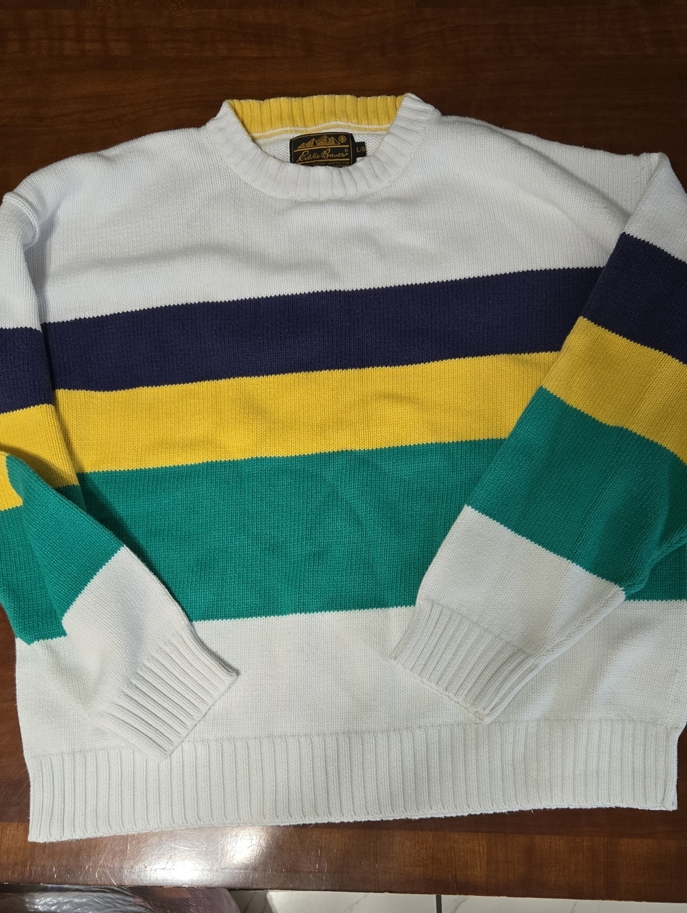 Vintage Eddie Bauer White Crewneck Sweater with Navy, Yellow & Green Stripes
